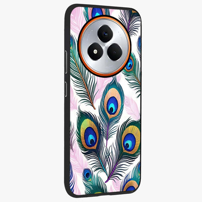 Royal Peacock Feathers Glass Case upright view showcasing elegant peacock feather artwork with decorative royal theme.