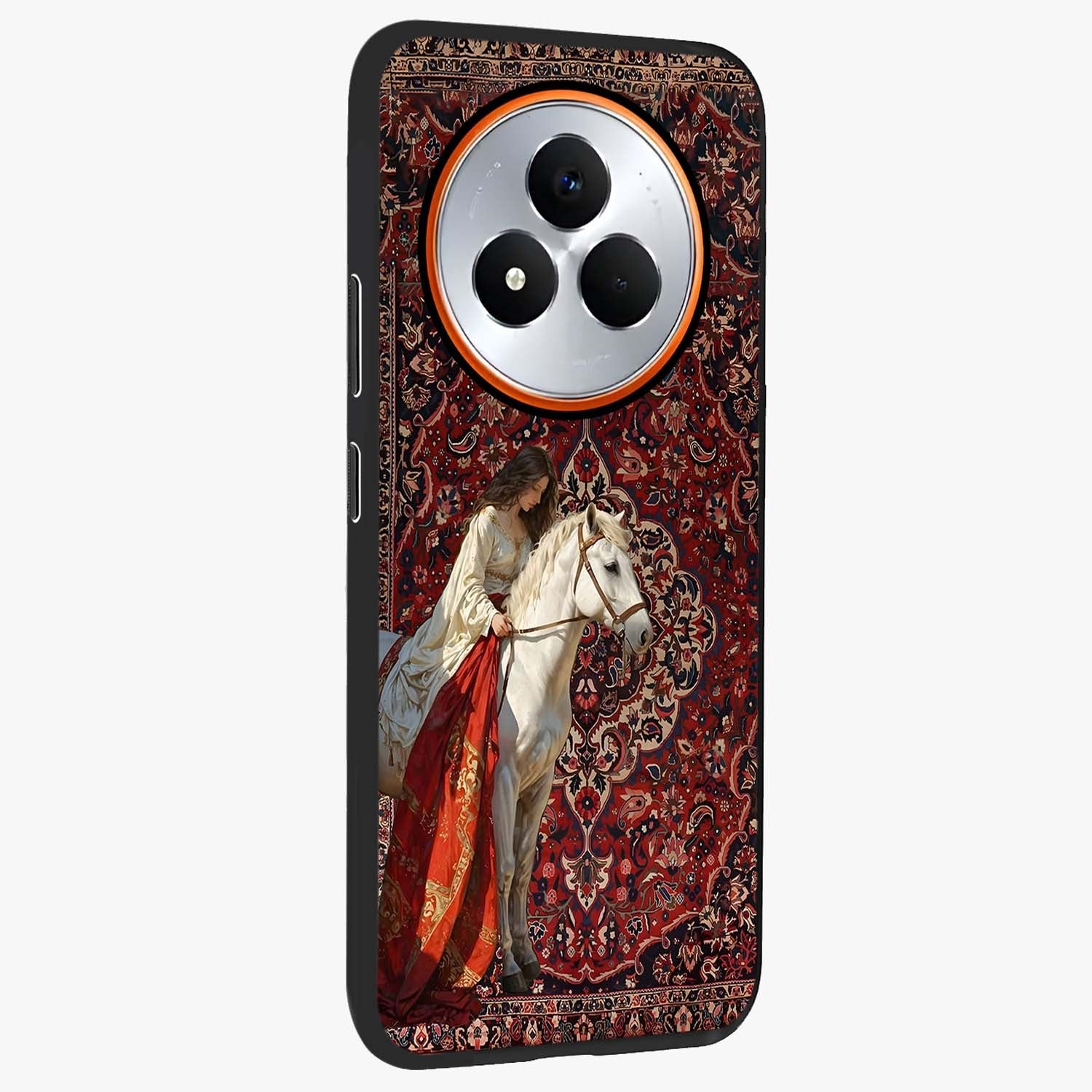 Royal Rider Tapestry Glass Case upright view showcasing detailed rider artwork with classic tapestry theme.