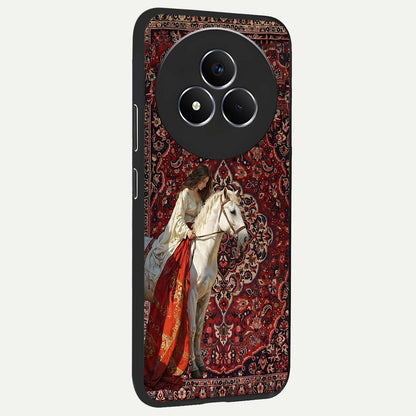 Royal Rider Tapestry Glass Case upright view showcasing detailed rider artwork with classic tapestry theme.