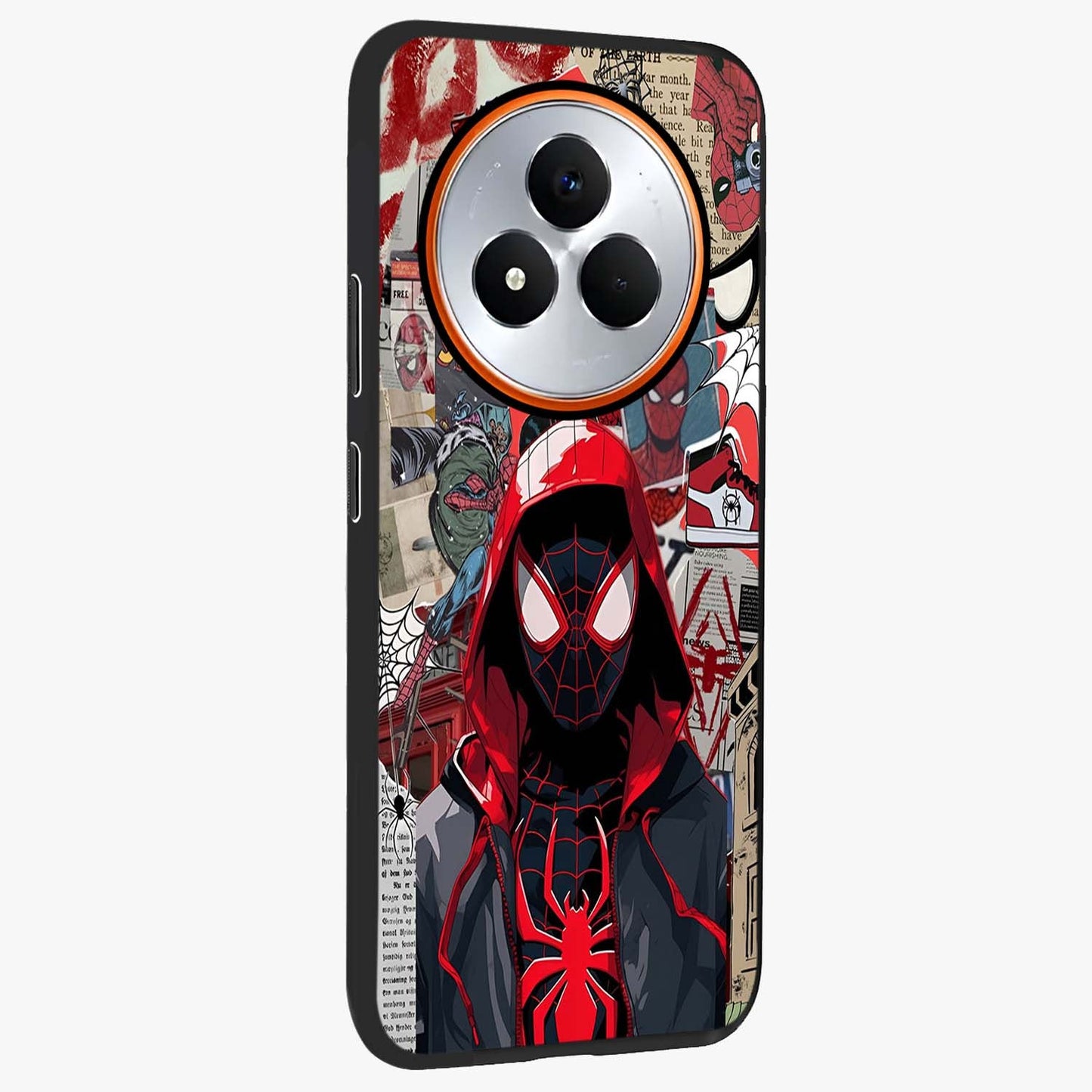 Spider Collage Street Glass Case upright view showcasing bold superhero artwork with urban street theme.