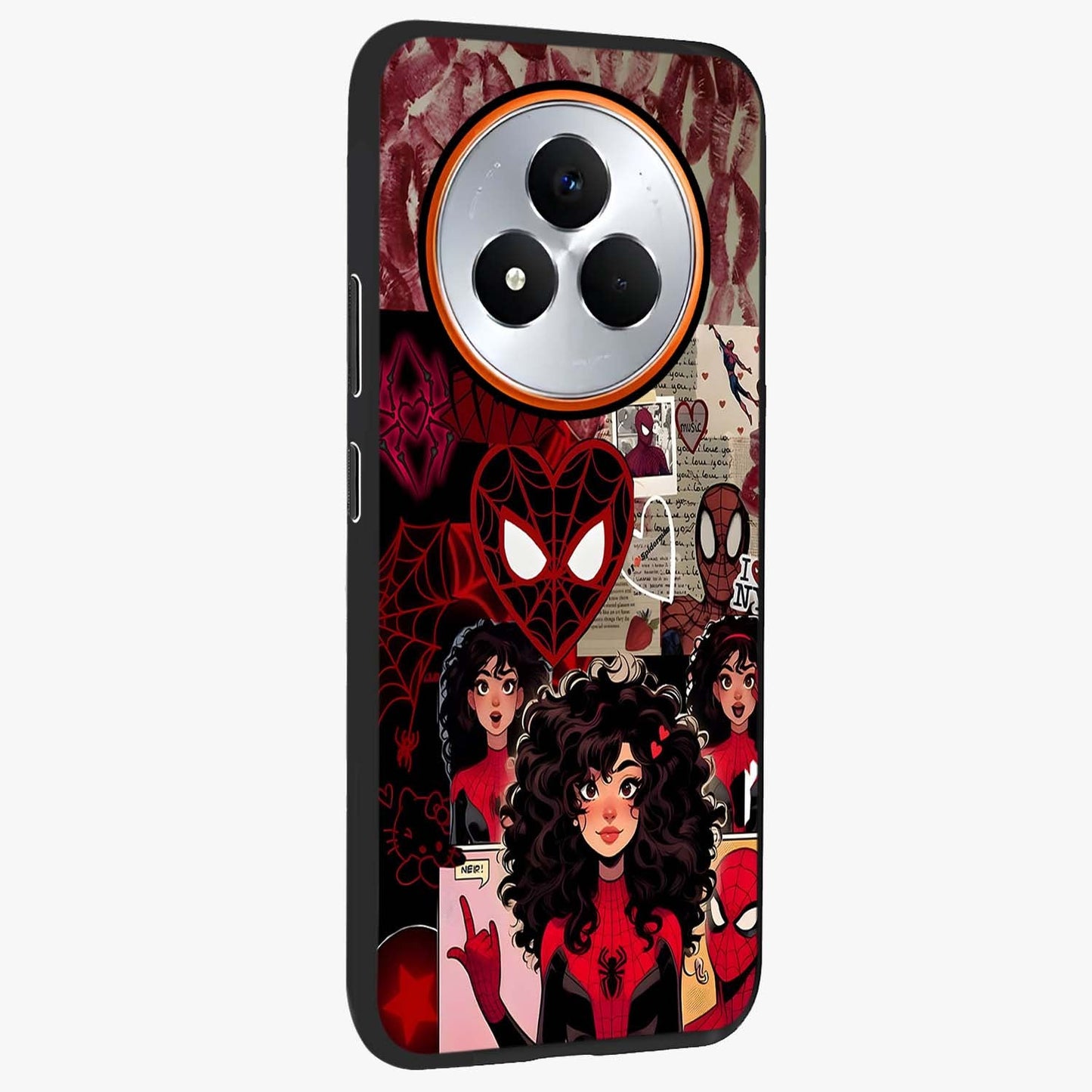 Spider Love Story Glass Case upright view showcasing charming superhero artwork with romantic comic theme.