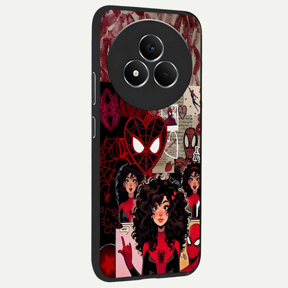 Spider Love Story Glass Case upright view showcasing charming superhero artwork with romantic comic theme.