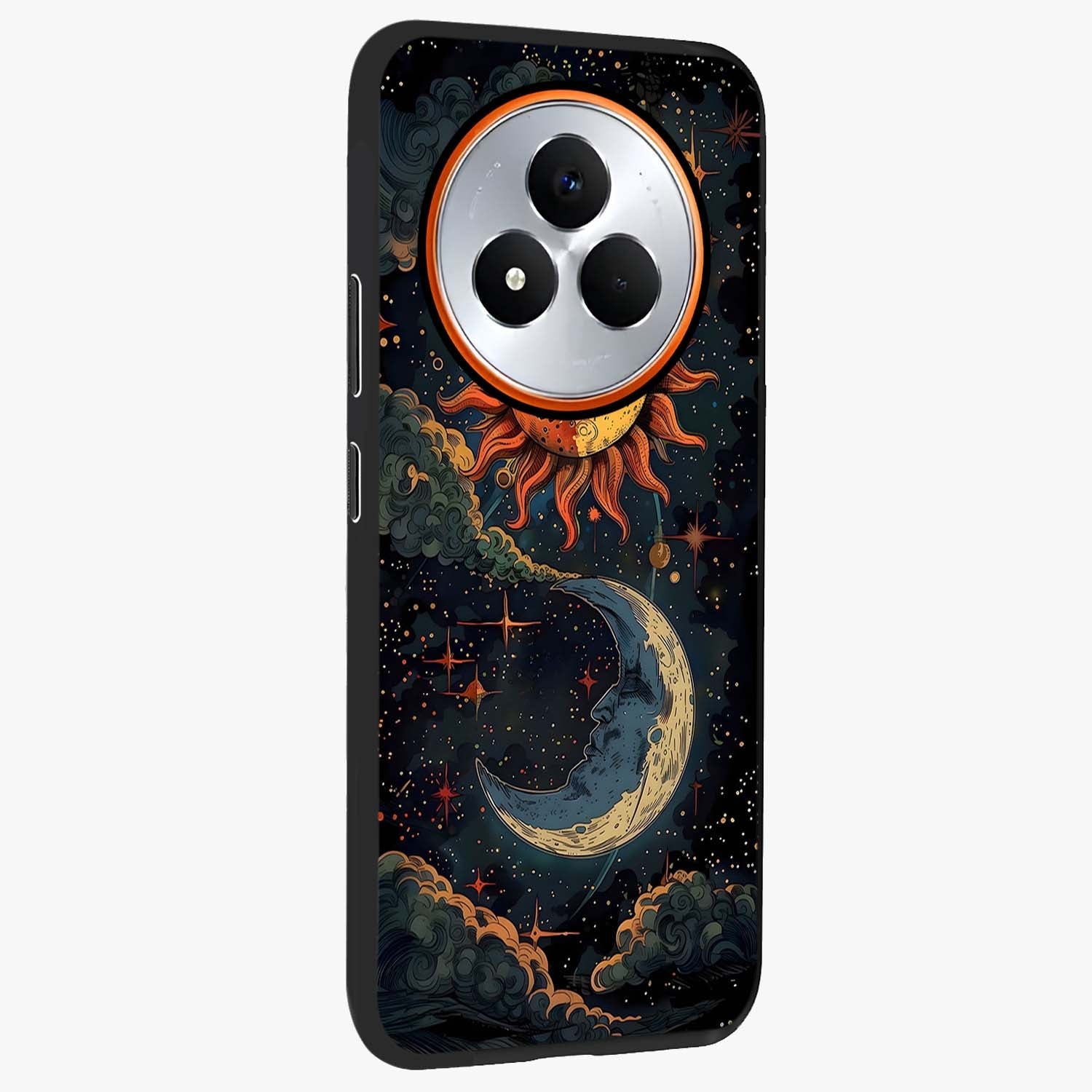 Sun And Moon Magic Design Glass Case upright view showcasing decorative sun and moon artwork with spiritual celestial theme.