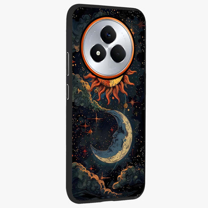 Sun And Moon Magic Design Glass Case upright view showcasing decorative sun and moon artwork with spiritual celestial theme.