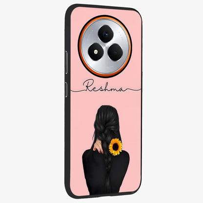 Sunflower Braid Beauty With Custom Name Glass Case upright view showcasing bright sunflower artwork with personalized floral aesthetic.
