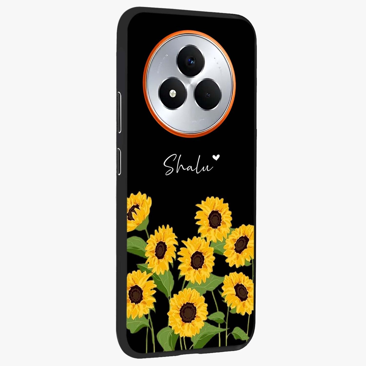 Sunflower Chic Mood Custom Name Glass Case upright view showcasing cheerful sunflower artwork with trendy floral theme.