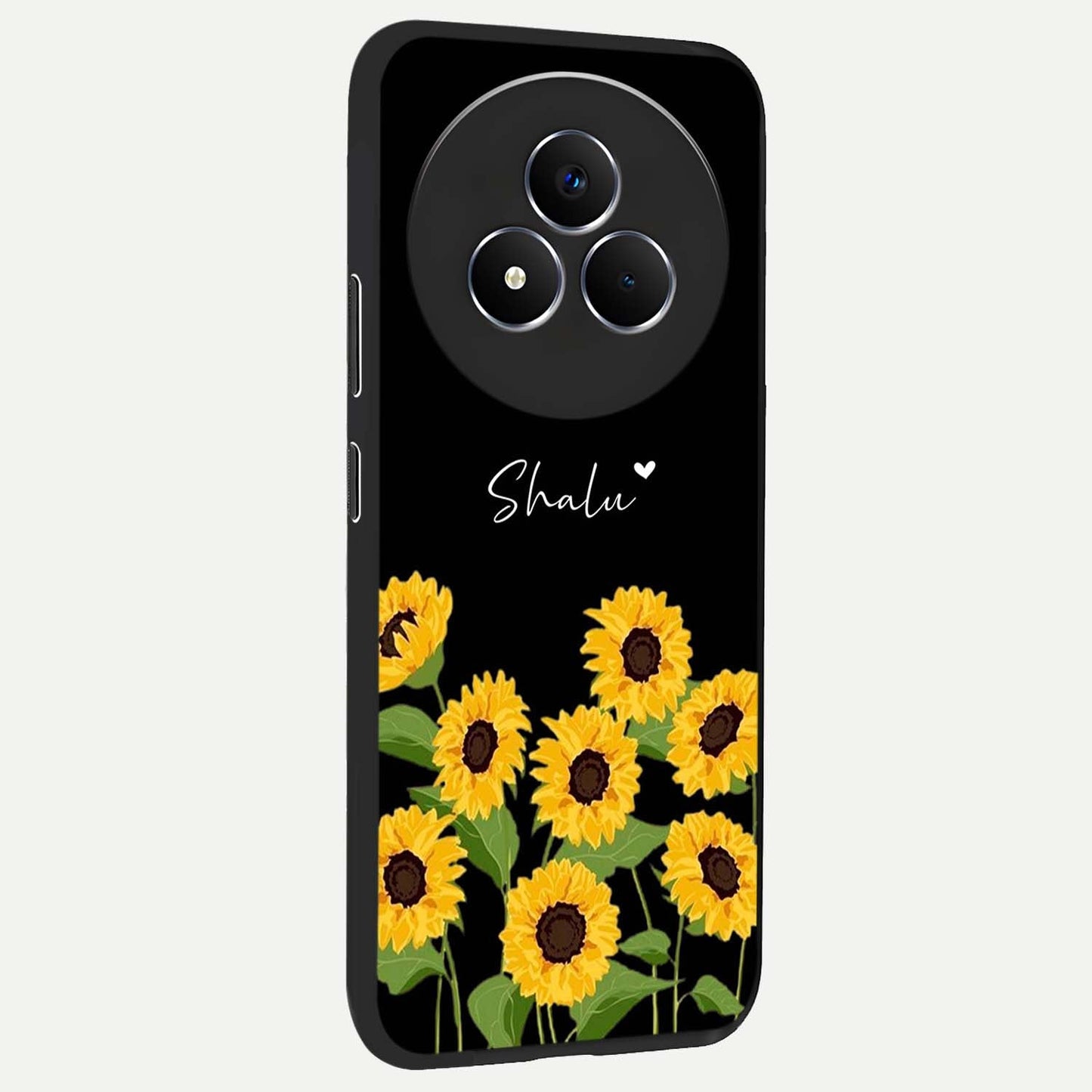 Sunflower Chic Mood Custom Name Glass Case upright view showcasing cheerful sunflower artwork with trendy floral theme.