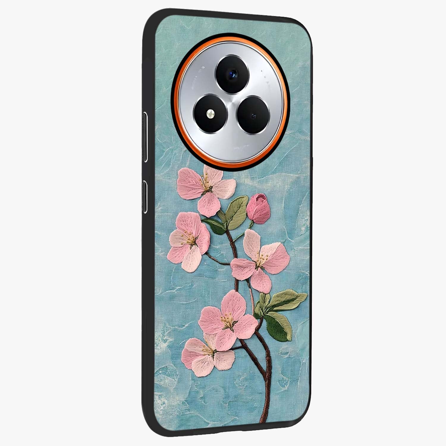 Threaded Blossom Breeze Glass Case upright view showcasing graceful flower artwork with calm botanical theme.