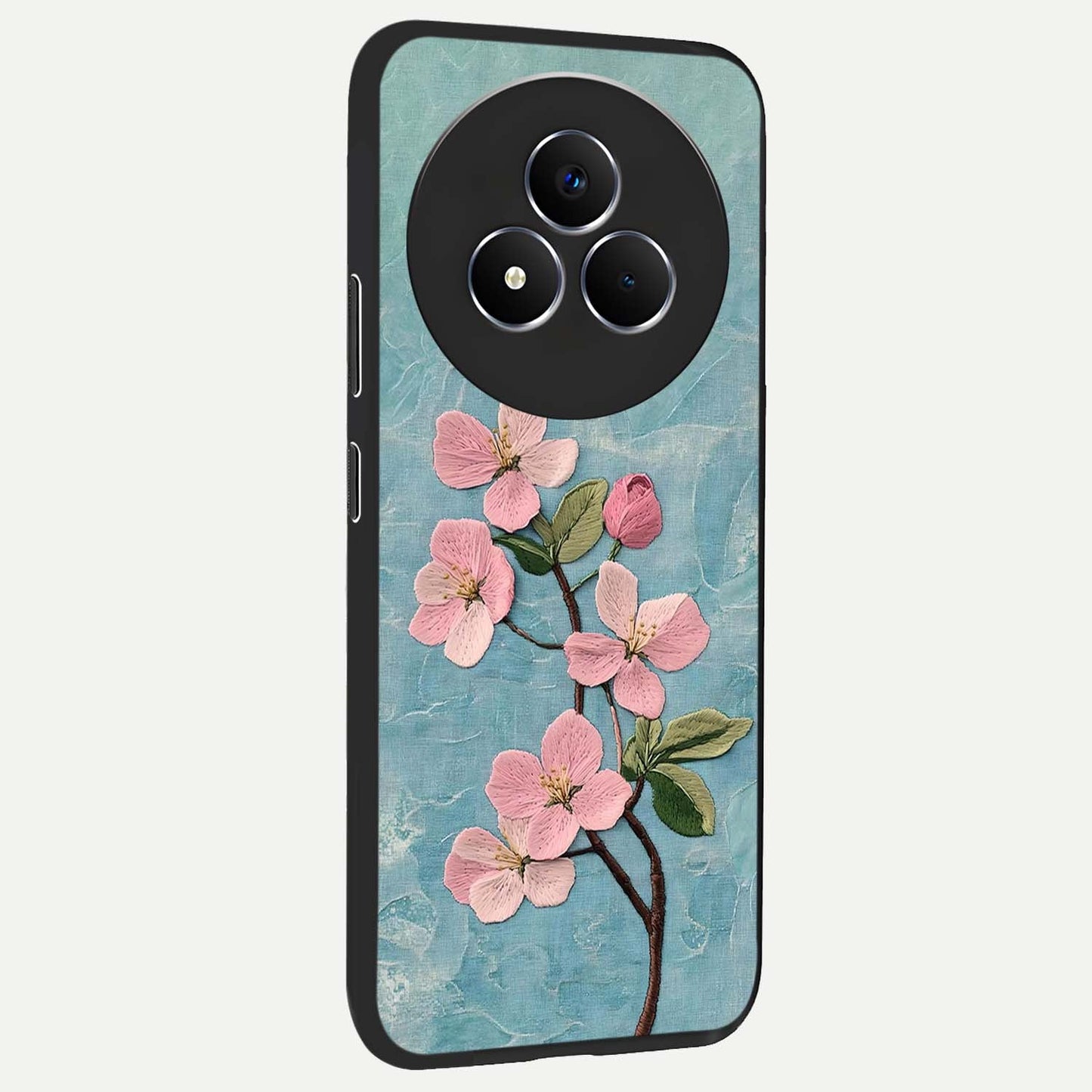 Threaded Blossom Breeze Glass Case upright view showcasing graceful flower artwork with calm botanical theme.