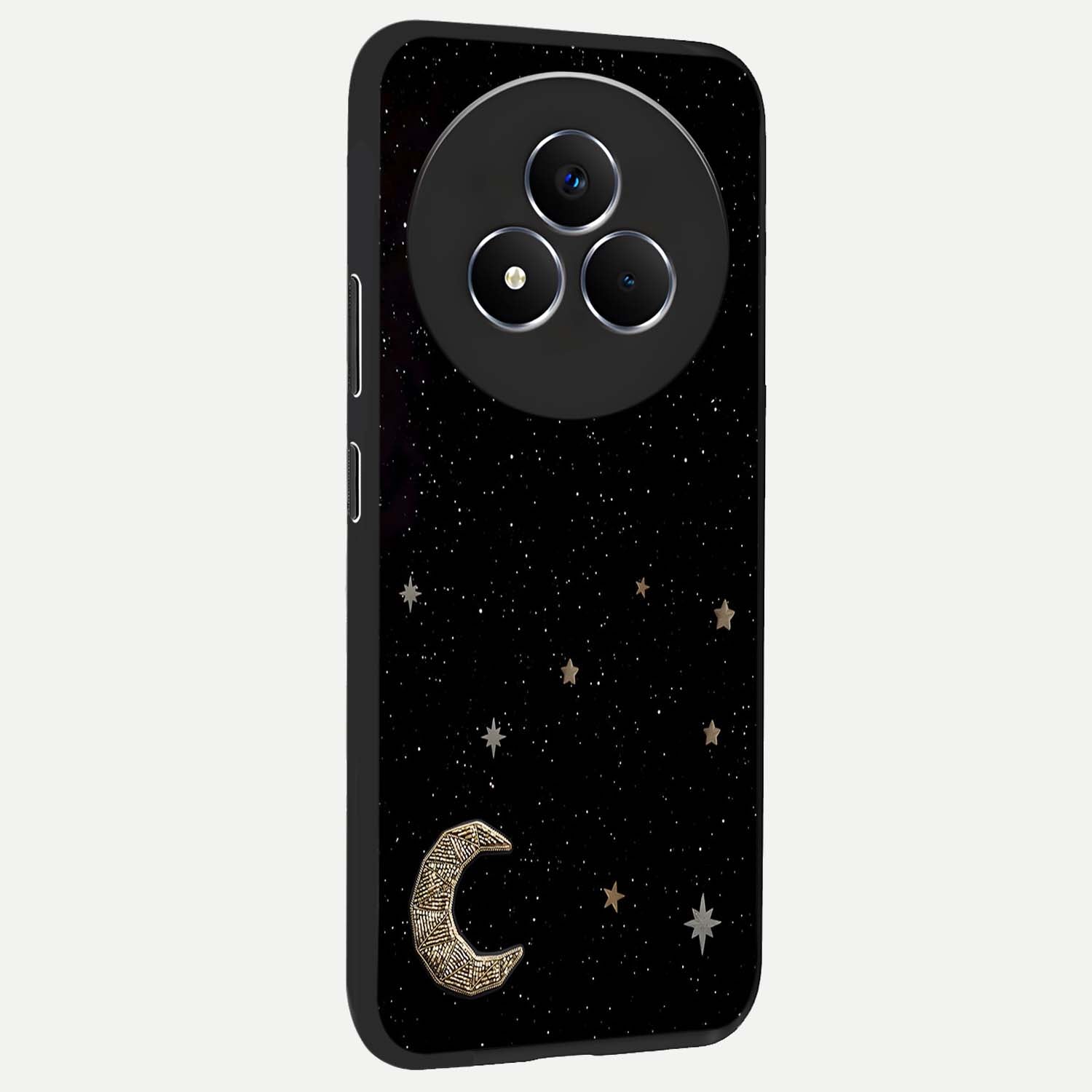 Twinkle Star With Half Moon Glass Case upright view showcasing glowing cosmic artwork with dreamy night theme.