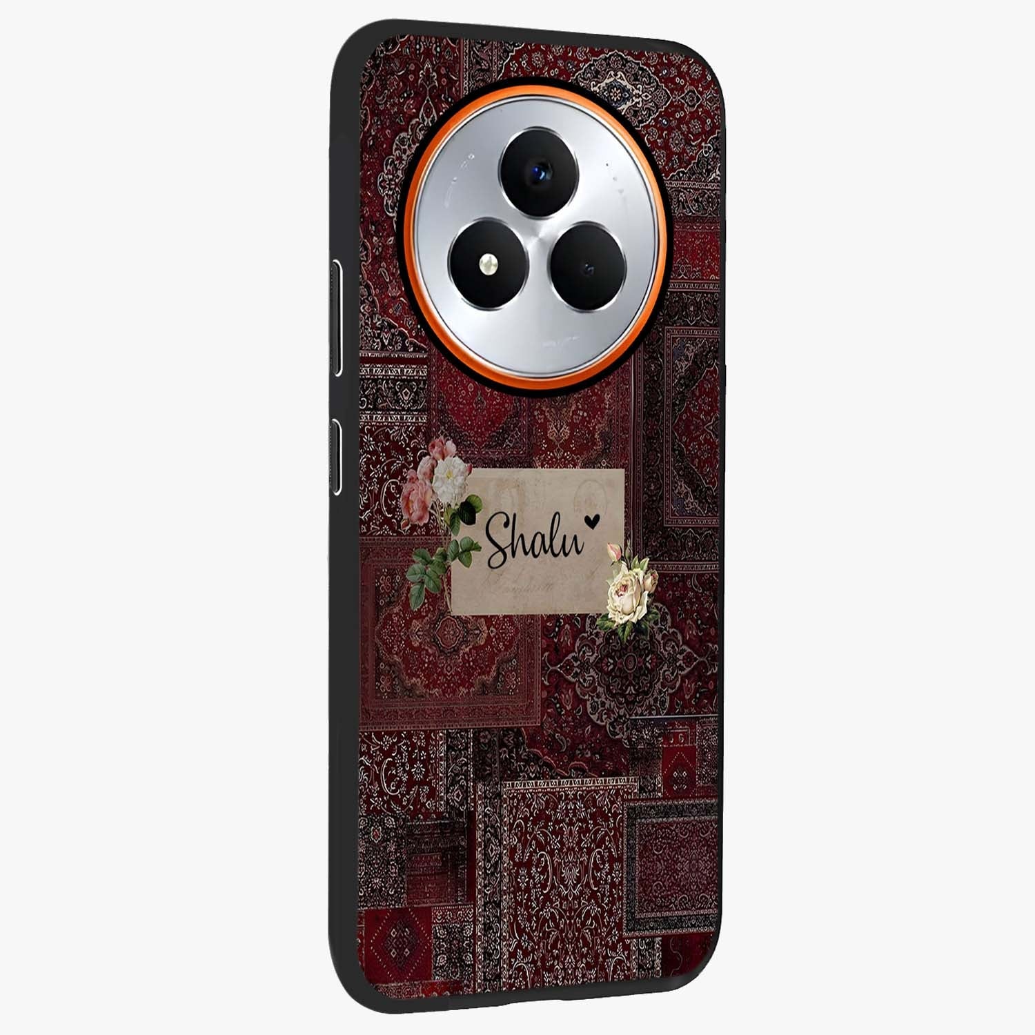 Velvet Wine Pattern Custom Name Glass Case upright view showcasing luxurious wine toned artwork with personalized aesthetic.