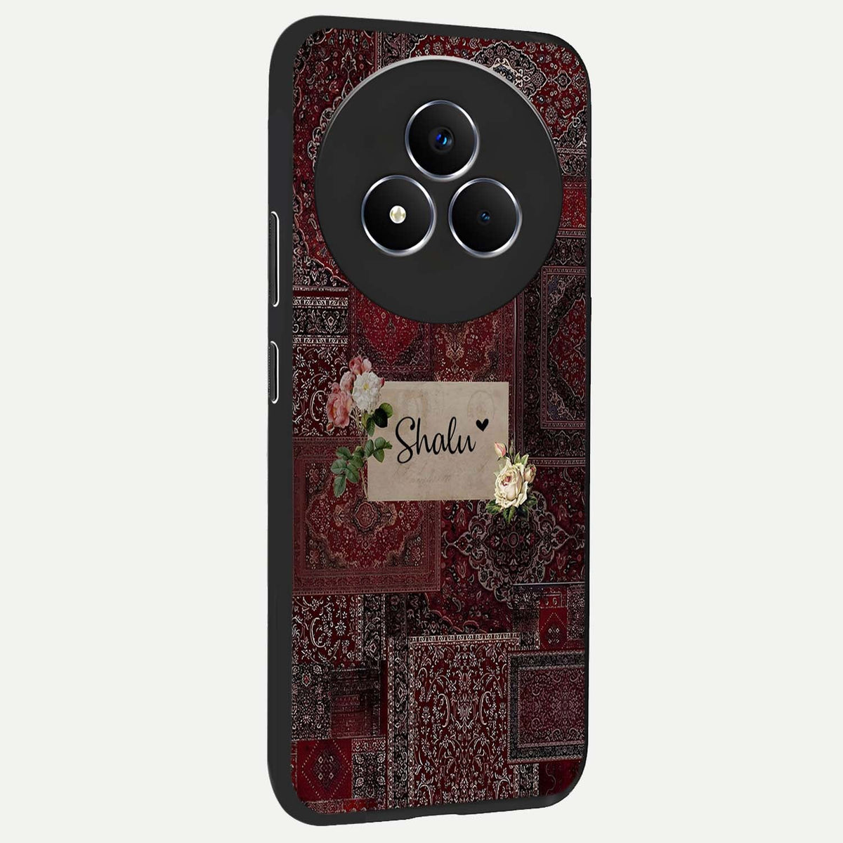 Velvet Wine Pattern Custom Name Glass Case upright view showcasing luxurious wine toned artwork with personalized aesthetic.