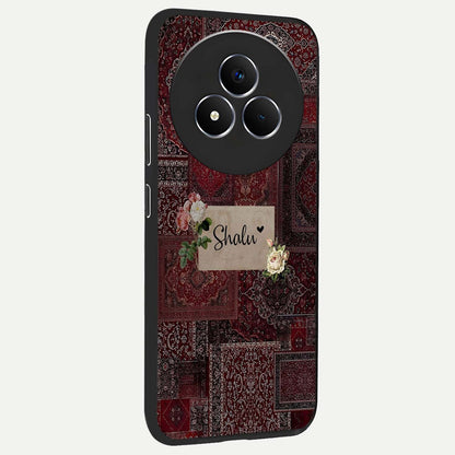 Velvet Wine Pattern Custom Name Glass Case upright view showcasing luxurious wine toned artwork with personalized aesthetic.