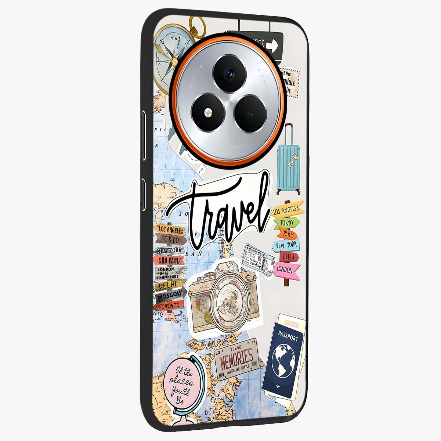 Wanderlust Journal Glass Case upright view showcasing wanderlust inspired artwork with creative exploration theme.
