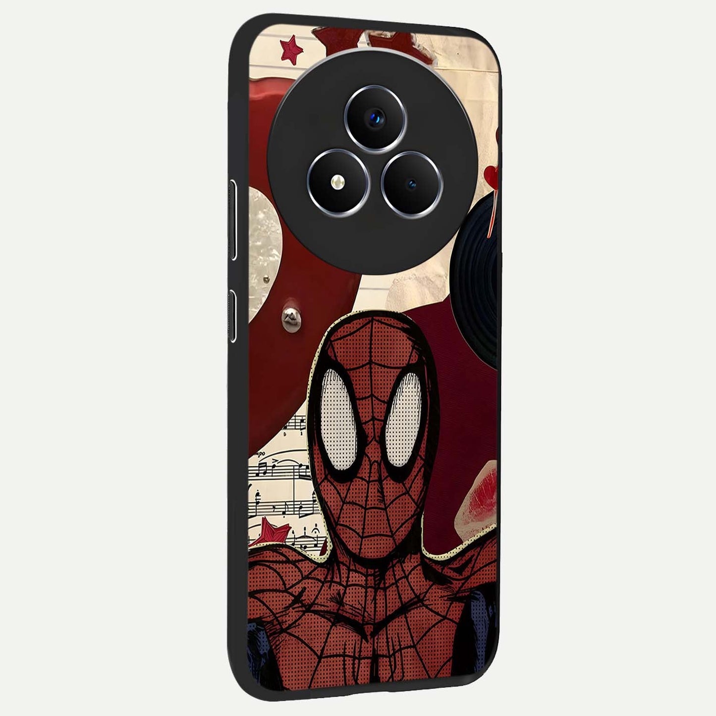 Web Warrior Vibes Glass Case upright view showcasing energetic superhero artwork with bold action theme.