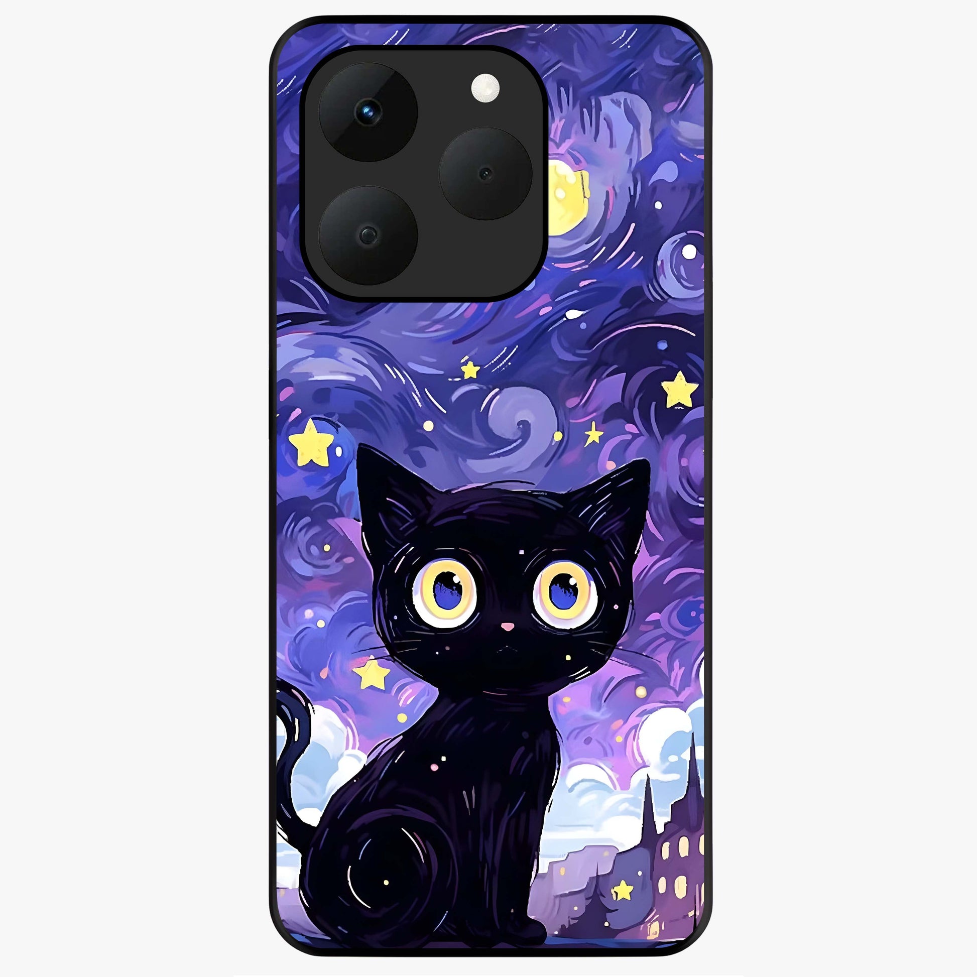Abstract Cat Art Glass Case showing flat back view with artistic cat illustration and glossy glass finish.