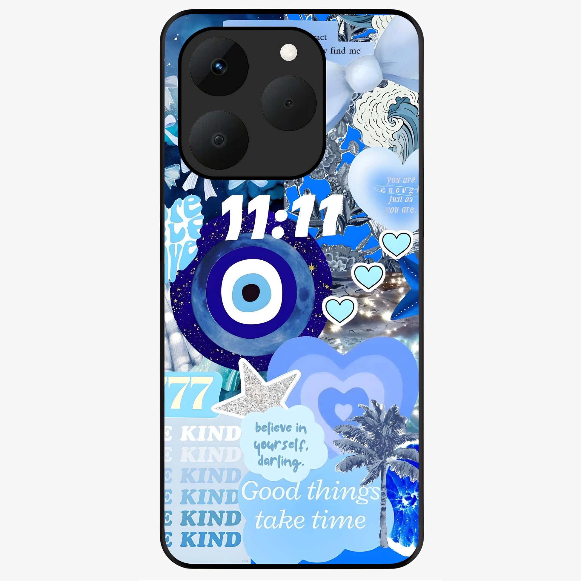 Aesthetic Be Kind Eye Glass Case showing flat back view with motivational eye artwork and glossy glass finish.