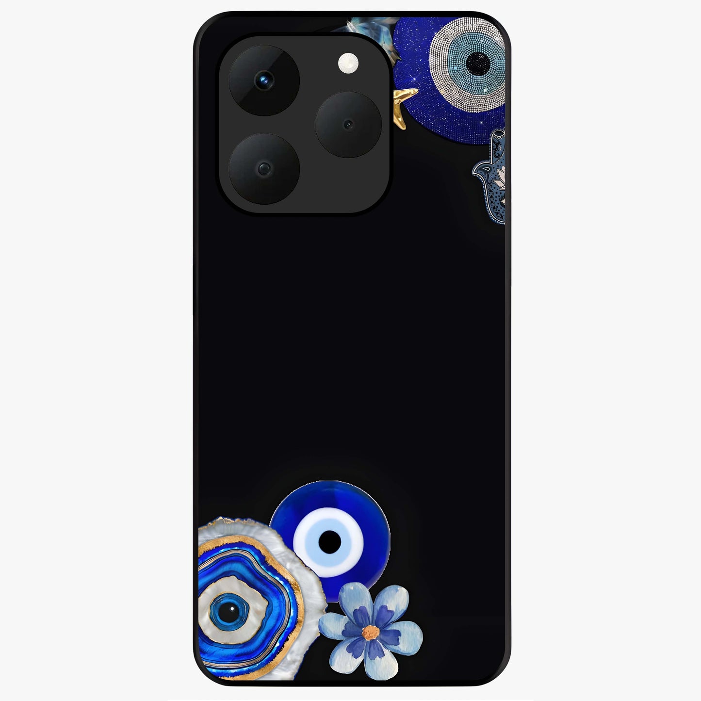 Aesthetic Blue Evil Eye Glass Case showing flat back view with protective evil eye artwork and glossy glass finish.