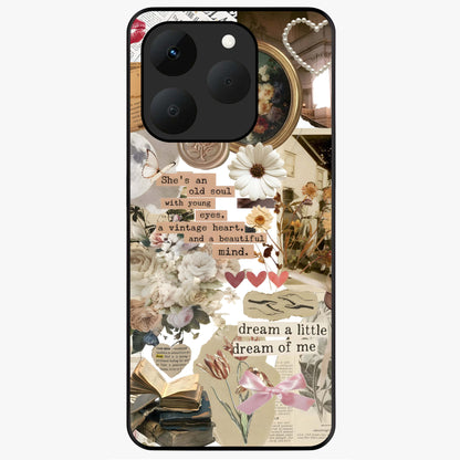 Aesthetic Brown Vintage Collage Glass Case showing flat back view with retro collage artwork and glossy glass finish.
