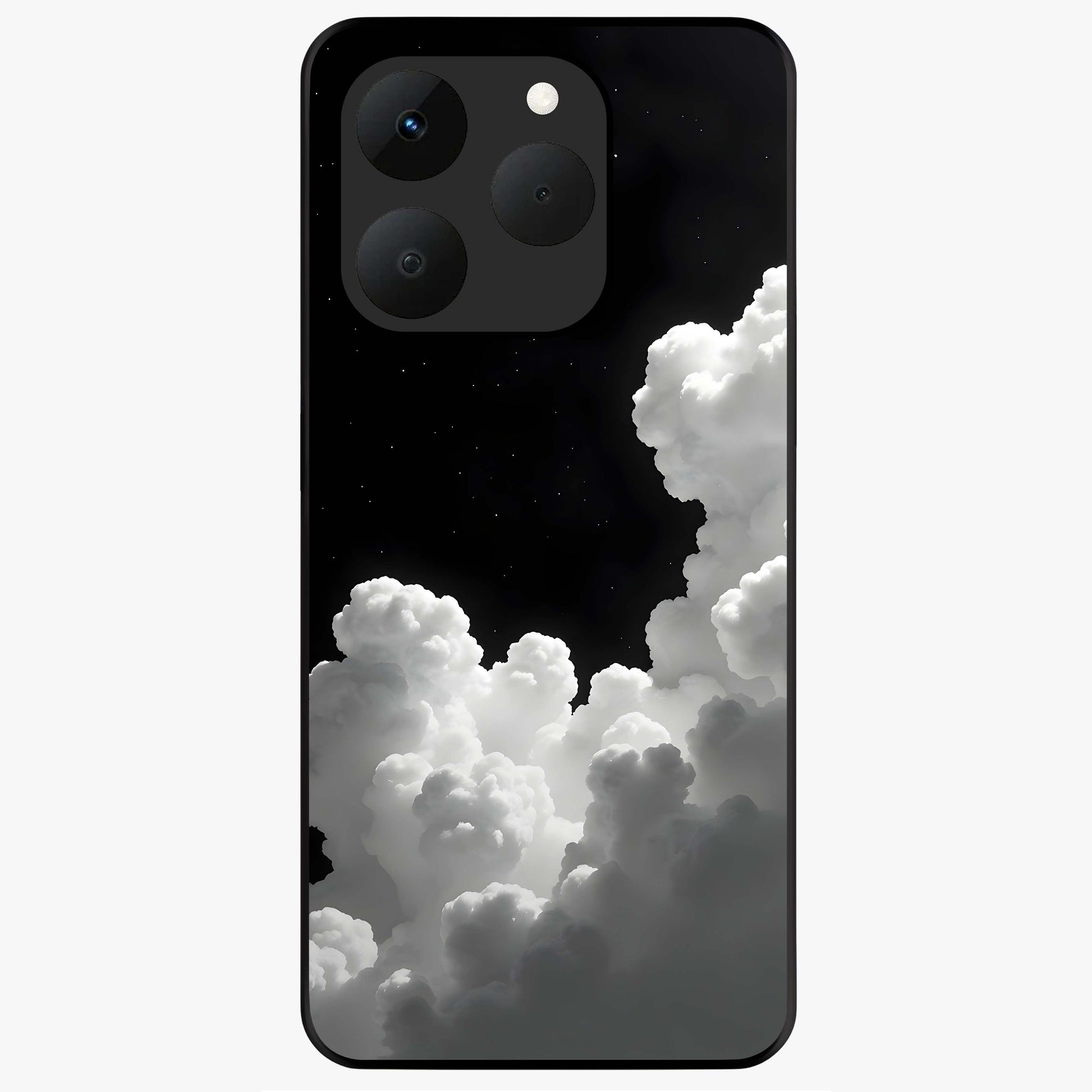 Black Background With White Cloud Glass Case showing flat back view with minimal cloud artwork on dark background and glossy glass finish.