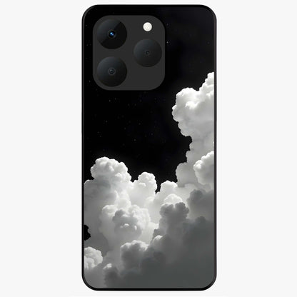 Black Background With White Cloud Glass Case showing flat back view with minimal cloud artwork on dark background and glossy glass finish.