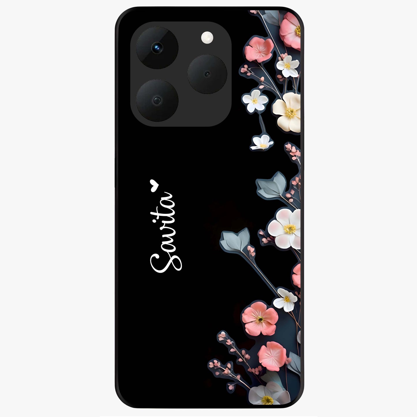 Black Elegance Floral Custom Name Glass Case showing flat back view with elegant floral artwork and personalized name design.