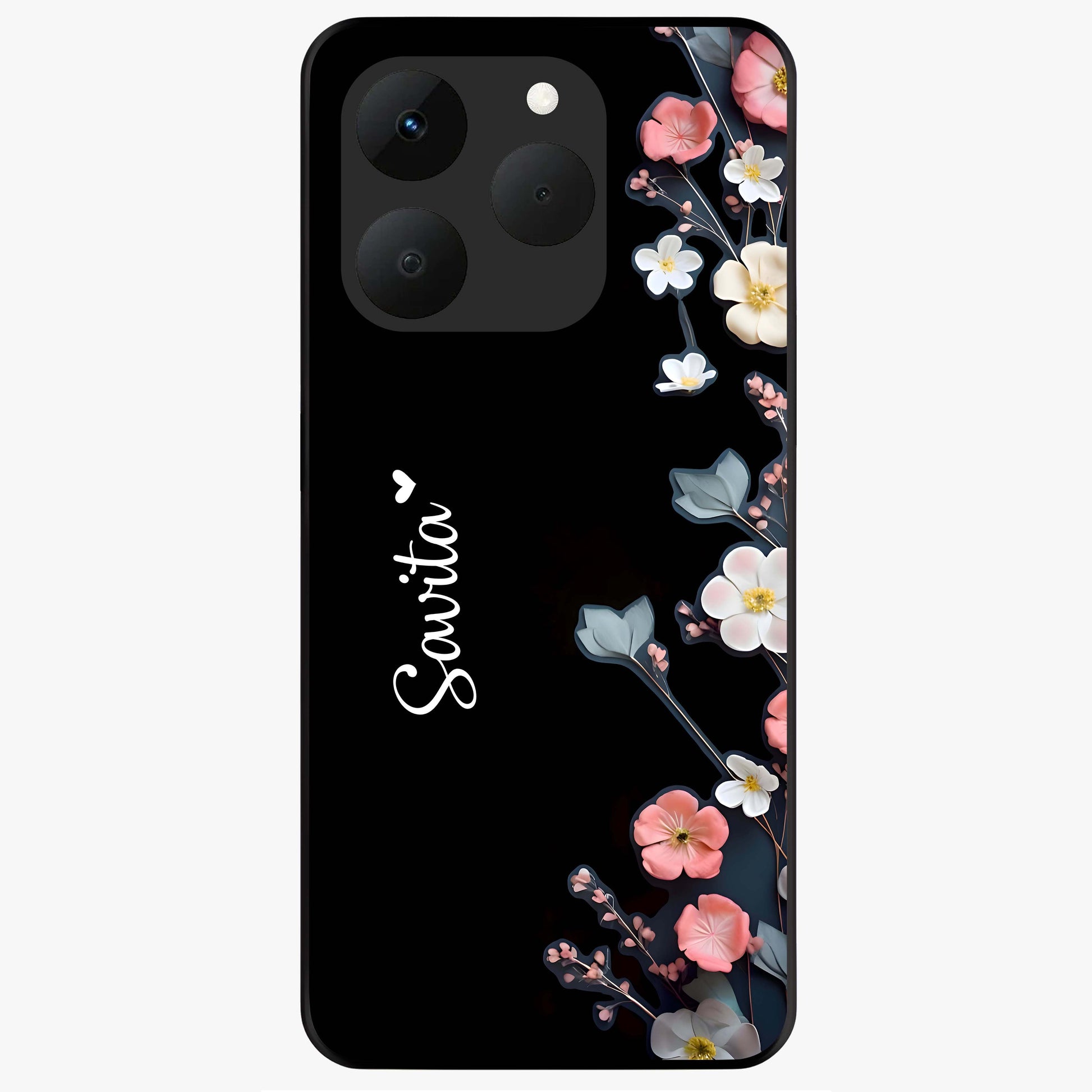 Black Elegance Floral Custom Name Glass Case showing flat back view with elegant floral artwork and personalized name design.