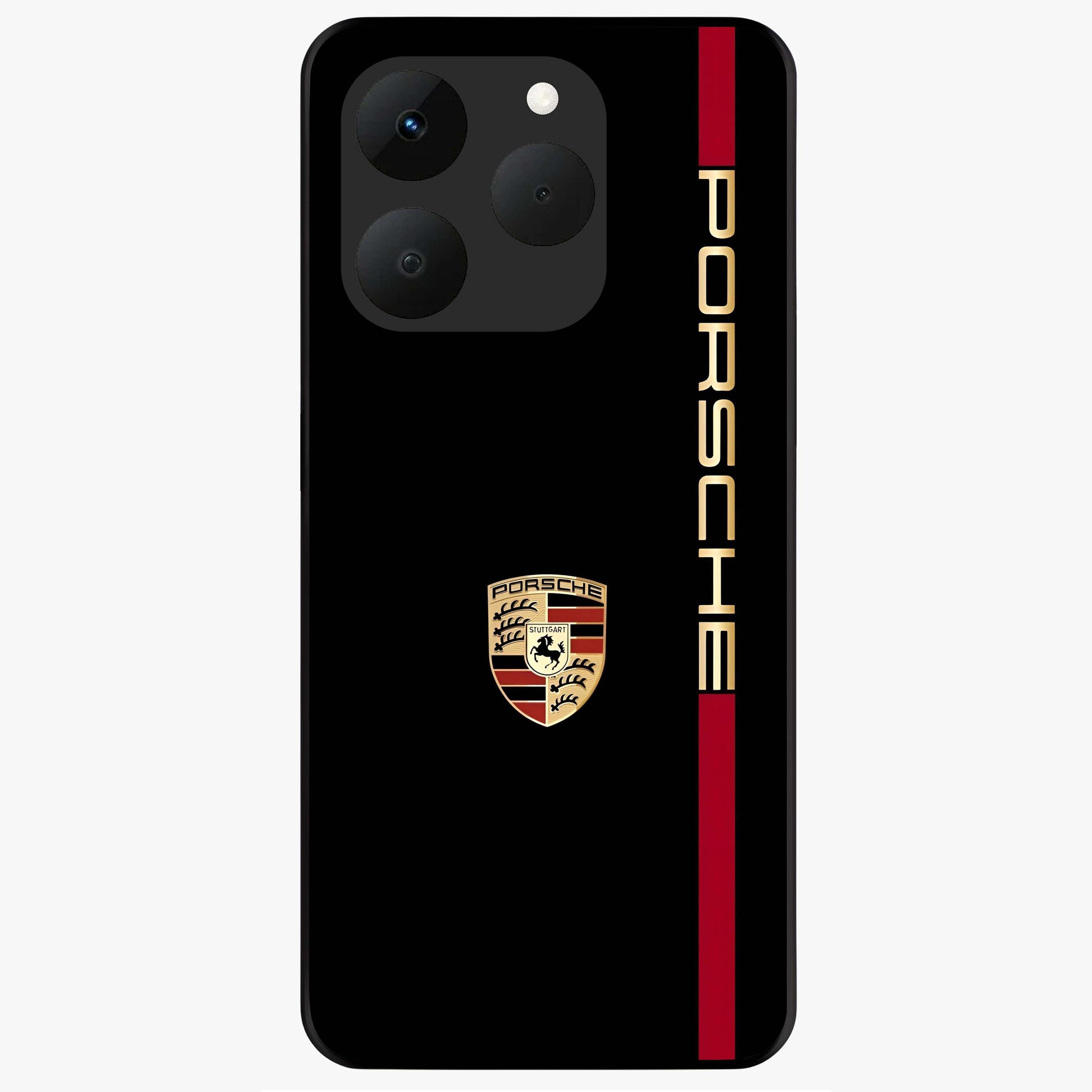 Black Minimal Porsche Glass Case showing flat back view with sleek minimal sports car artwork and glossy glass finish.
