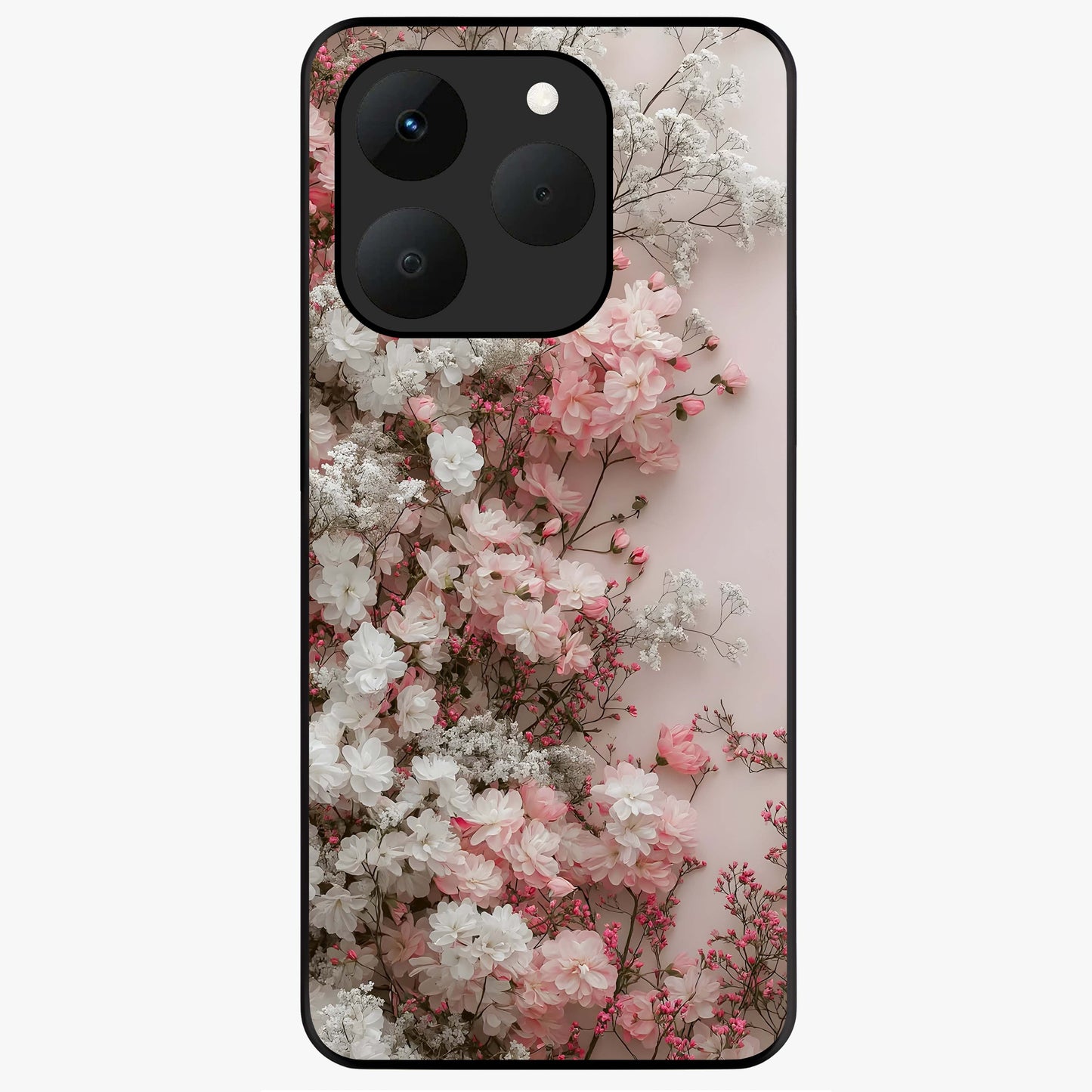 Blush Blossom Cloud Glass Case showing flat back view with dreamy blush cloud blossom artwork and glossy glass finish.