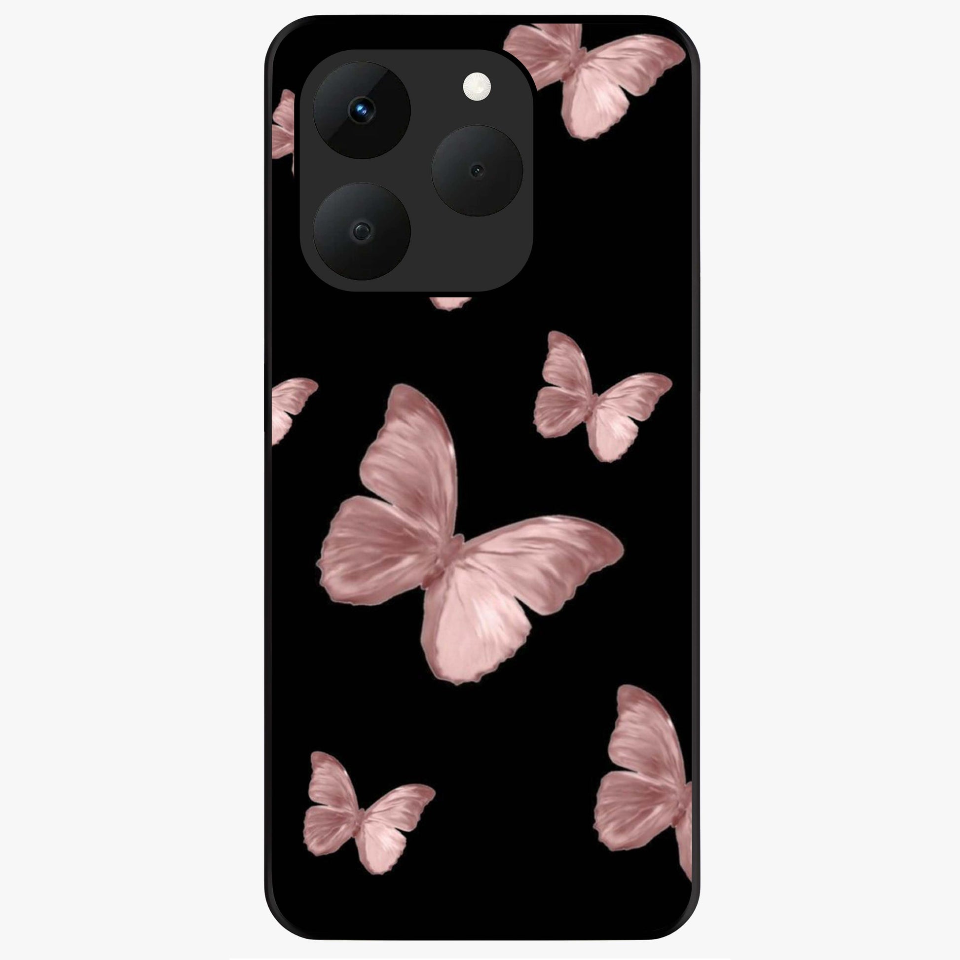 Butterfly Pattern Glass Case showing flat back view with elegant butterfly pattern artwork and glossy glass finish.
