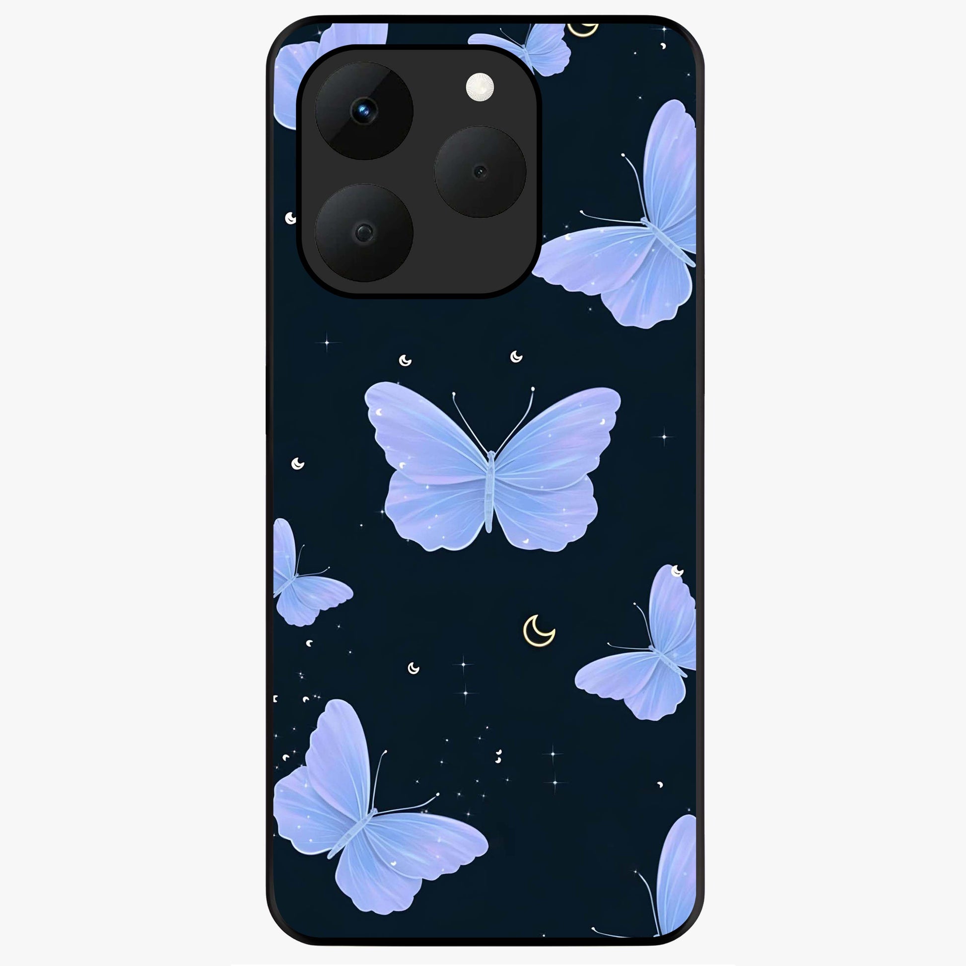 Butterfly With Stars Pattern Glass Case showing flat back view with butterfly and star pattern artwork and glossy glass finish.