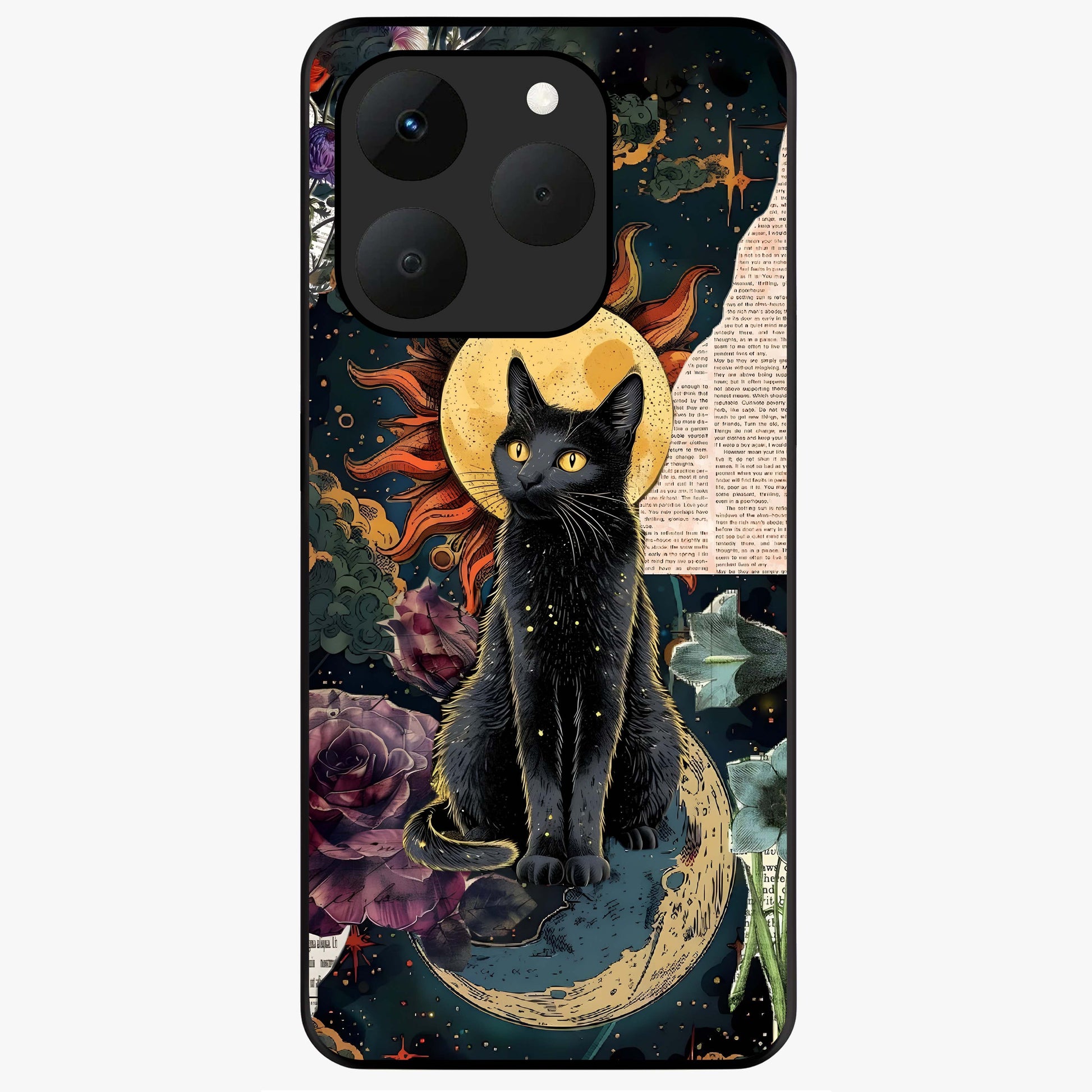 Celestial Black Cat Glass Case showing flat back view with mystical black cat artwork and glossy glass finish.