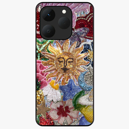 Celestial Floral and Playful Glass Case showing flat back view with floral and celestial themed artwork and glossy glass finish.