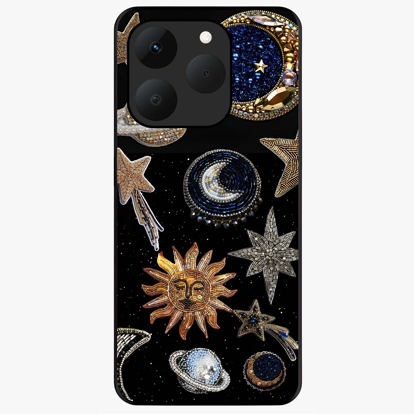 Celestial Gem Constellations Glass Case showing flat back view with sparkling constellation artwork and glossy glass finish.