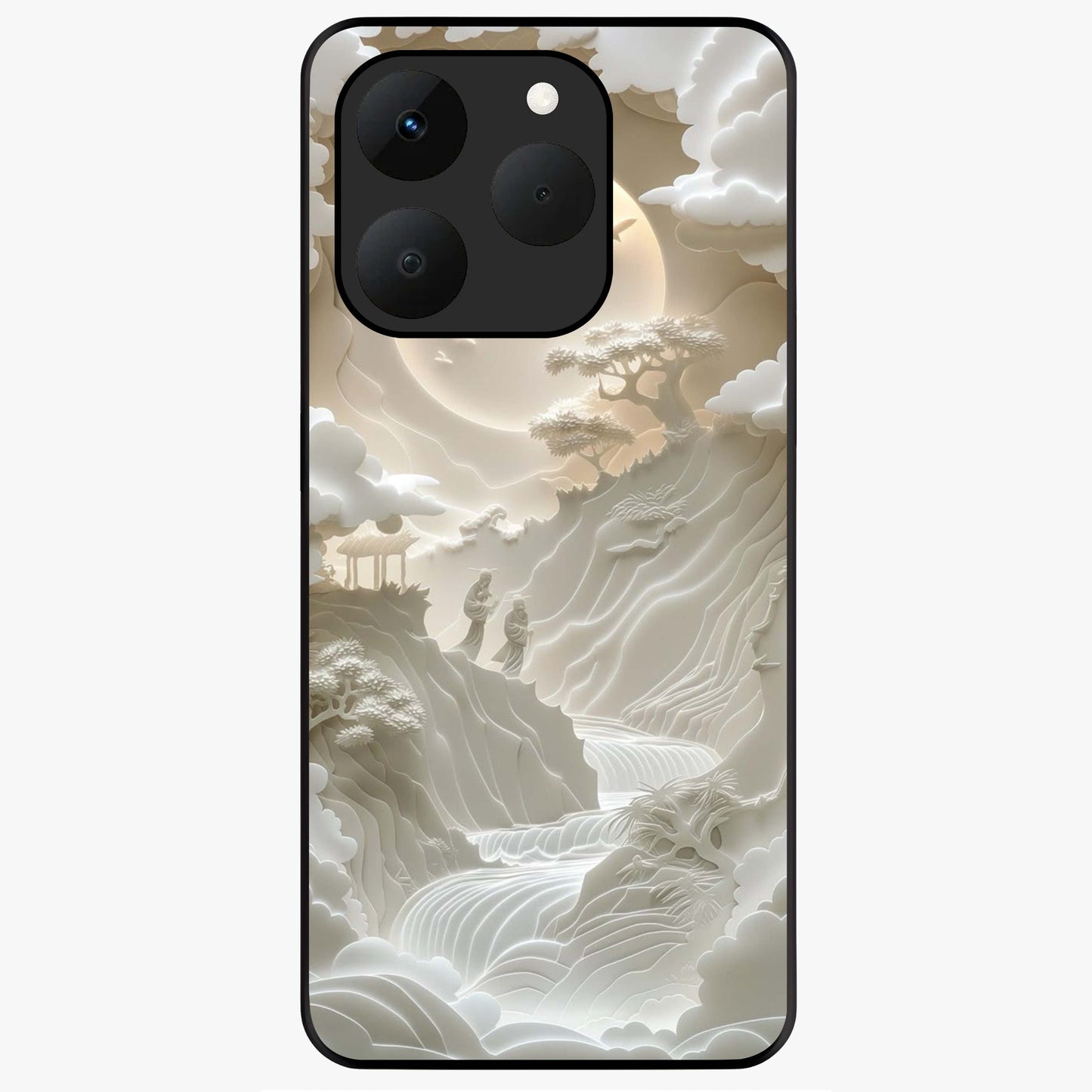 Celestial Origami Glass Case showing flat back view with artistic origami inspired celestial artwork and glossy glass finish.