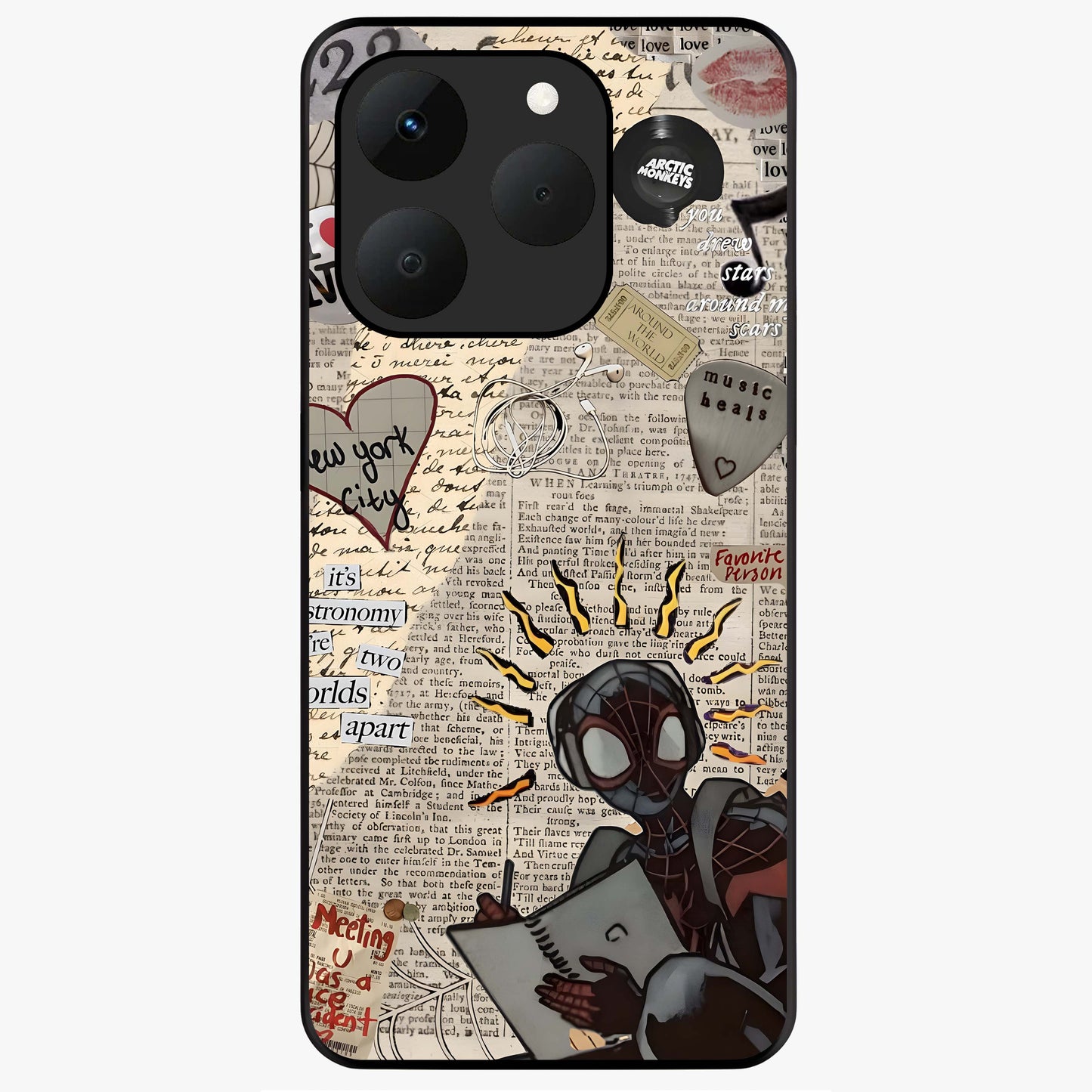 City Dream Sketch Glass Case showing flat back view with artistic city skyline sketch artwork and glossy glass finish.