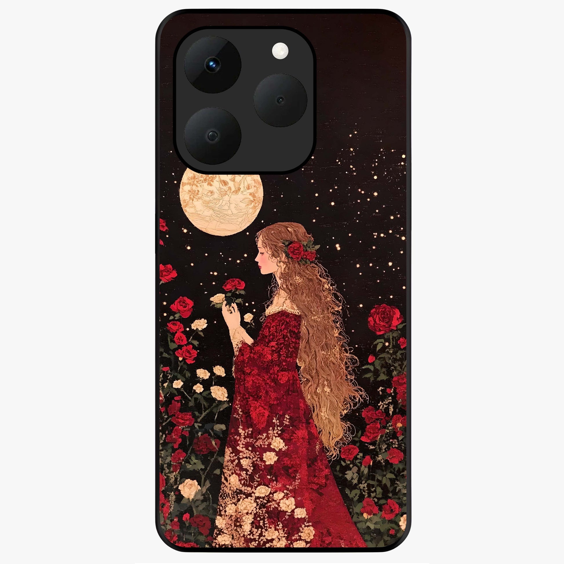 Crimson Dreams Glass Case showing flat back view with dreamy crimson artwork and glossy glass finish.
