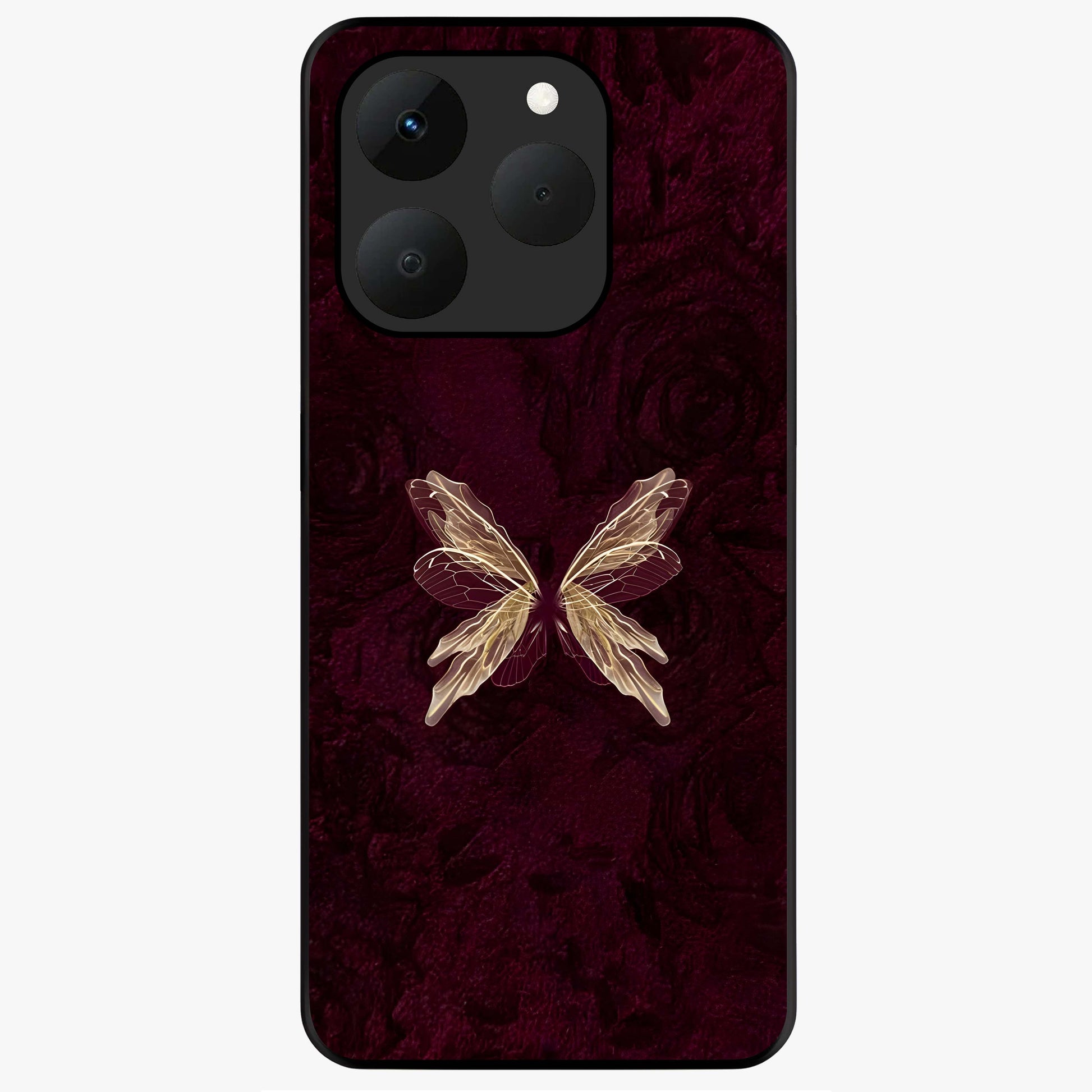 Crimson Fade Butterfly Glass Case showing flat back view with fading butterfly artwork and glossy glass finish.