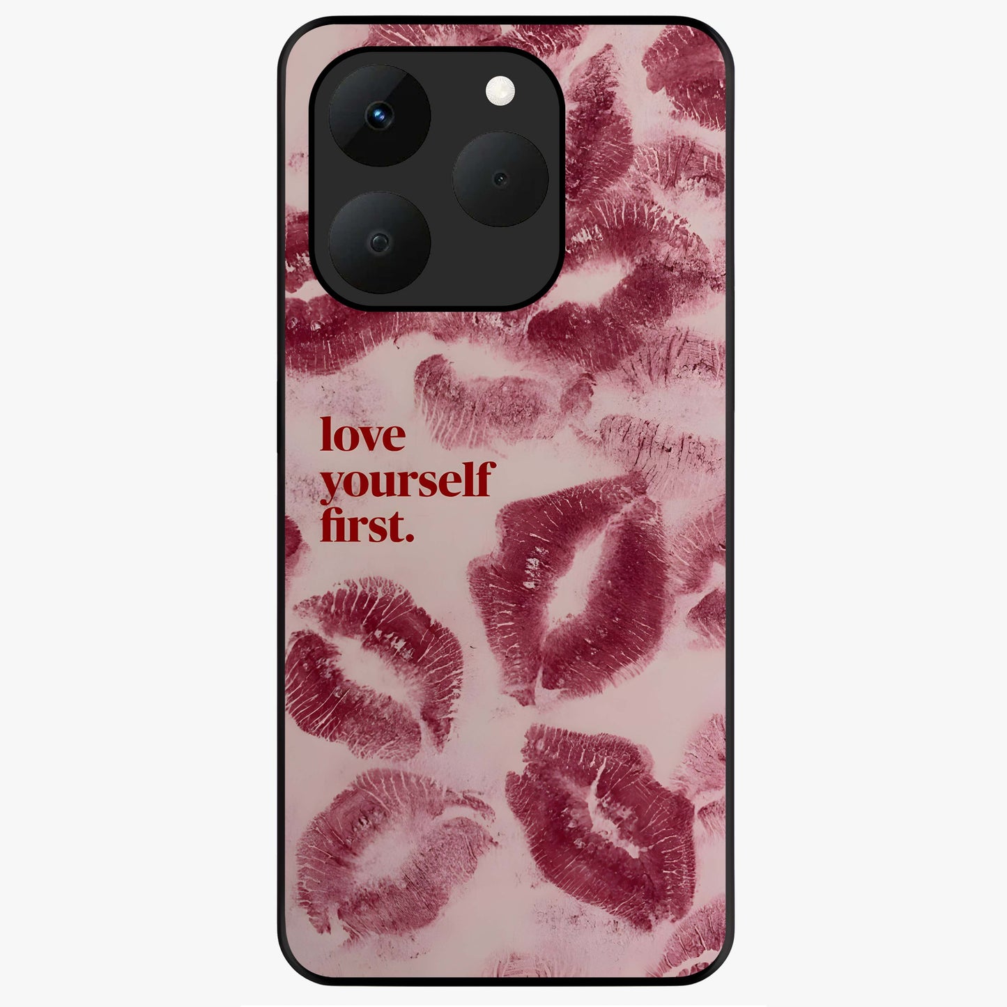 Crimson Kiss Love Glass Case showing flat back view with romantic crimson themed artwork and glossy glass finish.