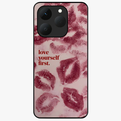 Crimson Kiss Love Glass Case showing flat back view with romantic crimson themed artwork and glossy glass finish.