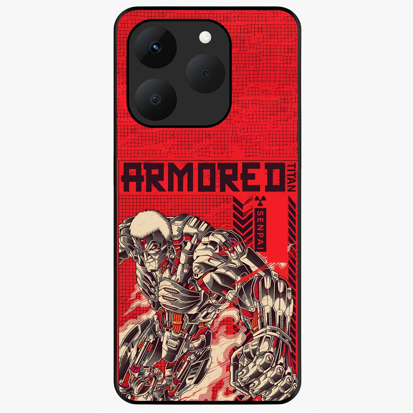 Crimson Mecha Titan Glass Case showing flat back view with powerful mech titan artwork and glossy glass finish.