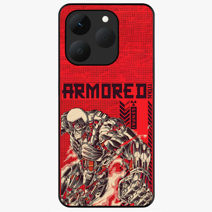 Crimson Mecha Titan Glass Case showing flat back view with powerful mech titan artwork and glossy glass finish.
