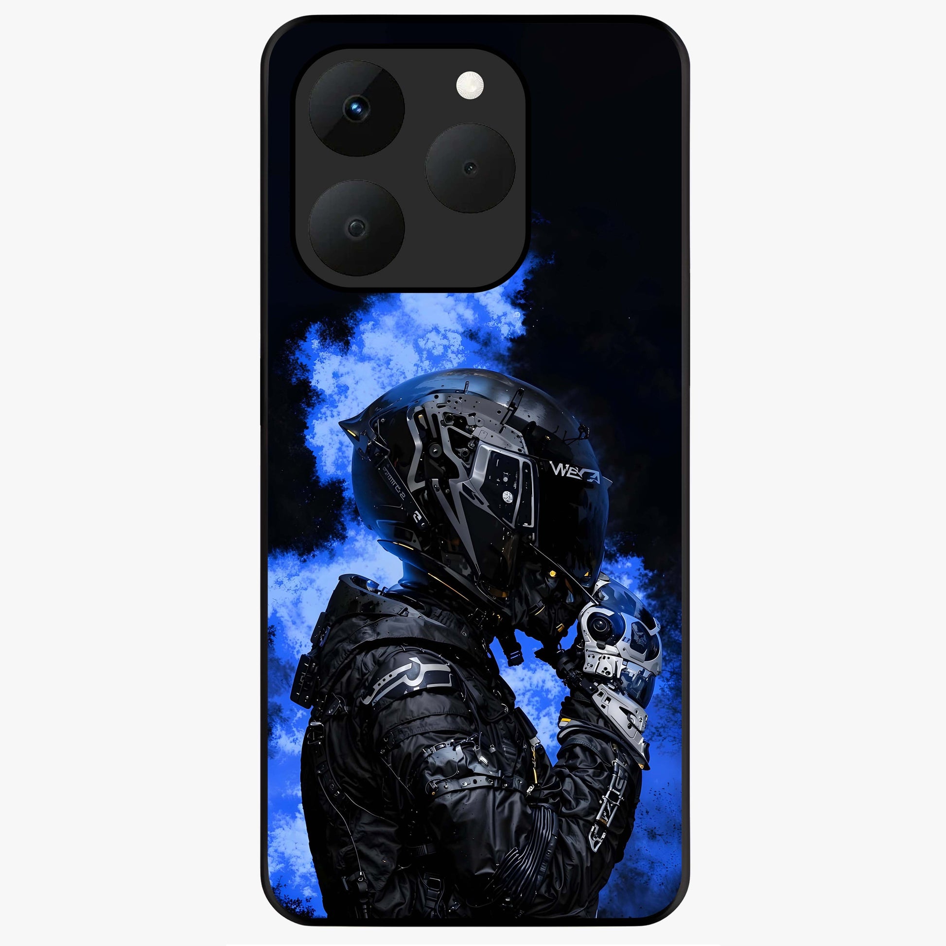Cyber Sentinel Protocol Glass Case showing flat back view with futuristic cyber themed artwork and glossy glass finish.