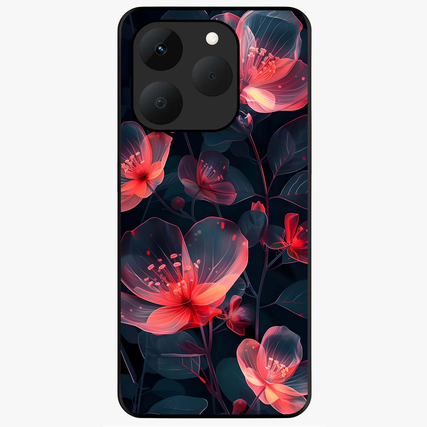 Dark Shade of Flower Glass Case showing flat back view with elegant dark floral artwork and glossy glass finish.