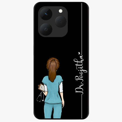 Doctor Pattern Custom Name Glass Case showing flat back view with medical themed pattern and personalized name design.