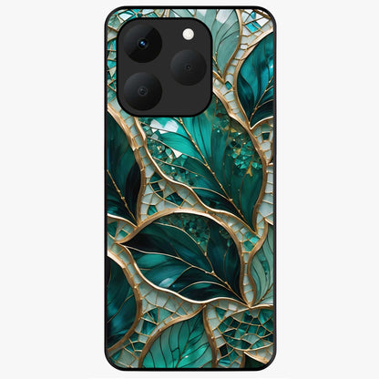Emerald Leaf Glass Glass Case showing flat back view with emerald green leaf artwork and glossy glass finish.