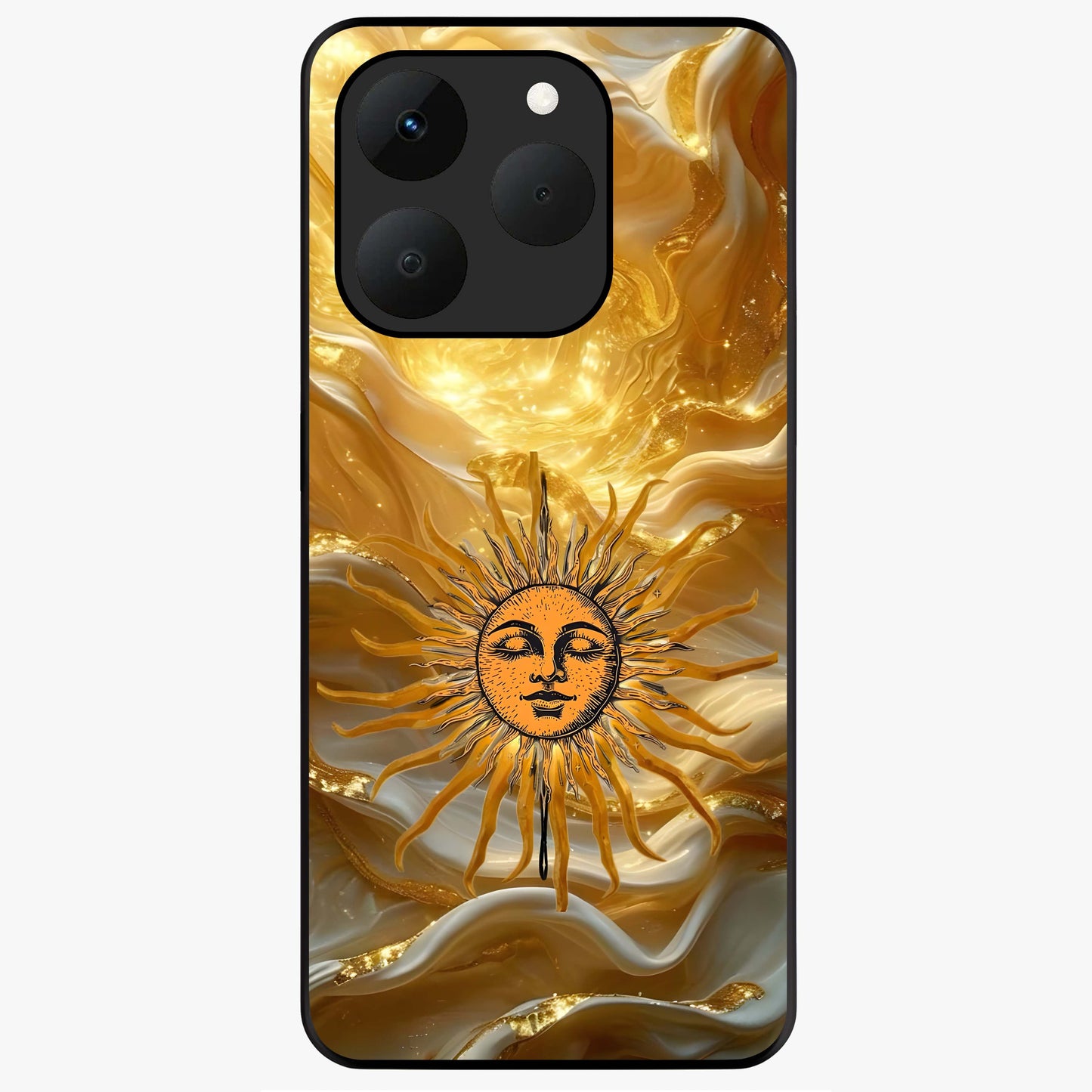 Eternal Golden Glow Glass Case showing flat back view with radiant golden themed artwork and glossy glass finish.