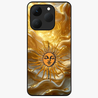 Eternal Golden Glow Glass Case showing flat back view with radiant golden themed artwork and glossy glass finish.