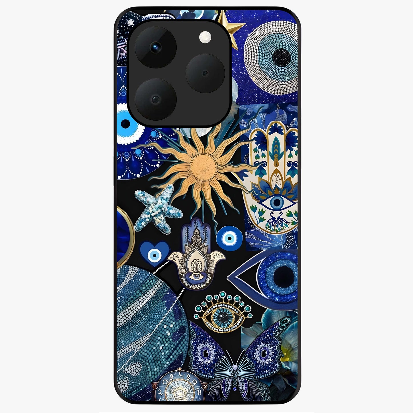 Evil Eye Charm Mix Glass Case showing flat back view with multiple evil eye charms artwork and glossy glass finish.