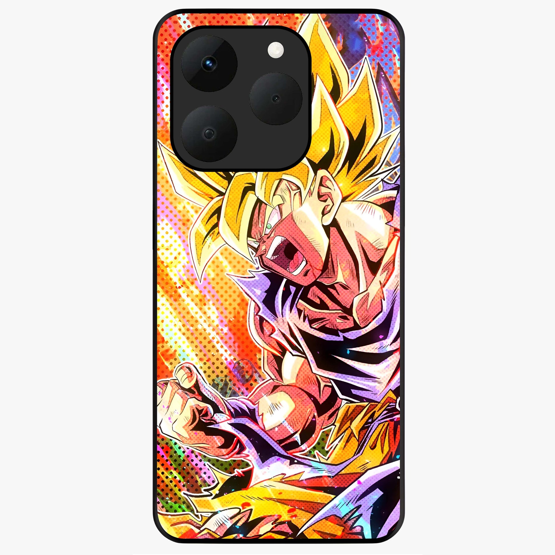 Firing Goku Glass Case showing flat back view with powerful anime inspired artwork and glossy glass finish.